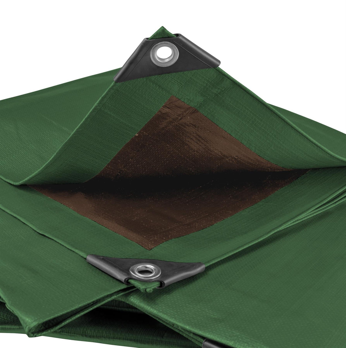 Close-up of the folded corner of the Green/Brown L-Grade Tarpaulin 8m x 10m showing the brown inner side and eyelets