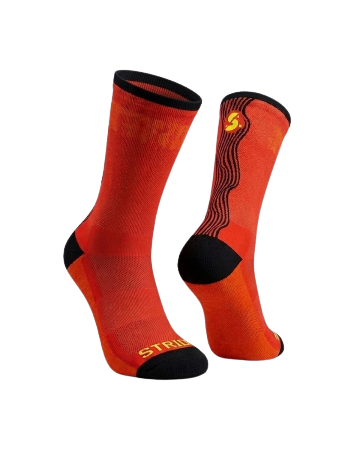 Stride North East Heat Surge running socks, pair in red-orange with black wavy stripes and black heel and toe