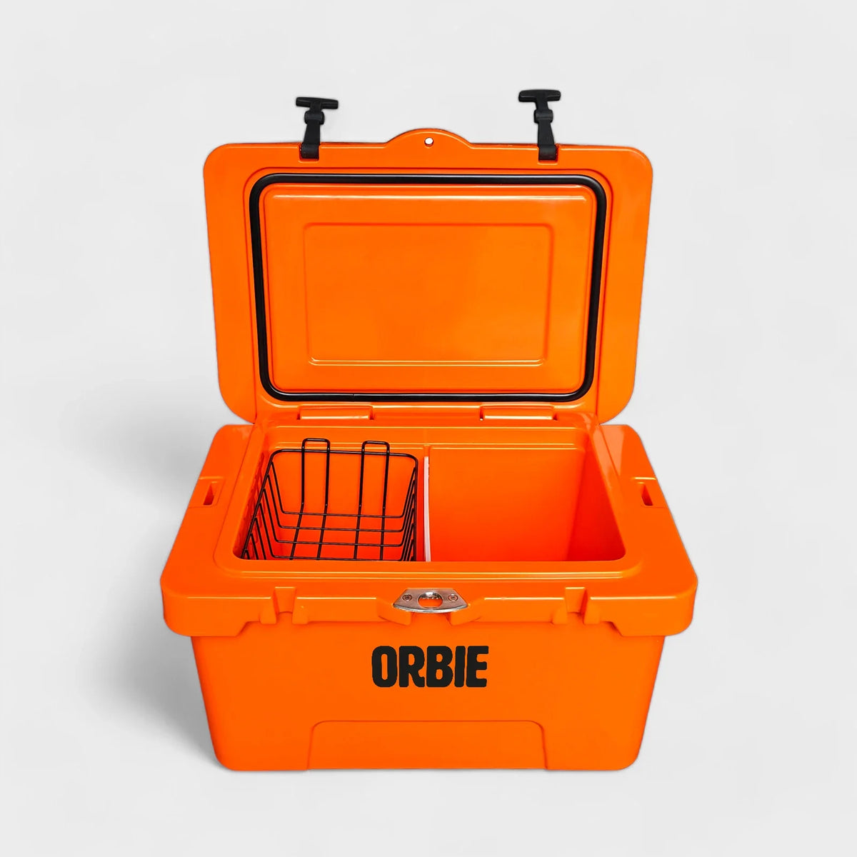 Orbie 35 cool box in orange open from the front, with the wire basket and divider inside and the padlock hasp on the lip
