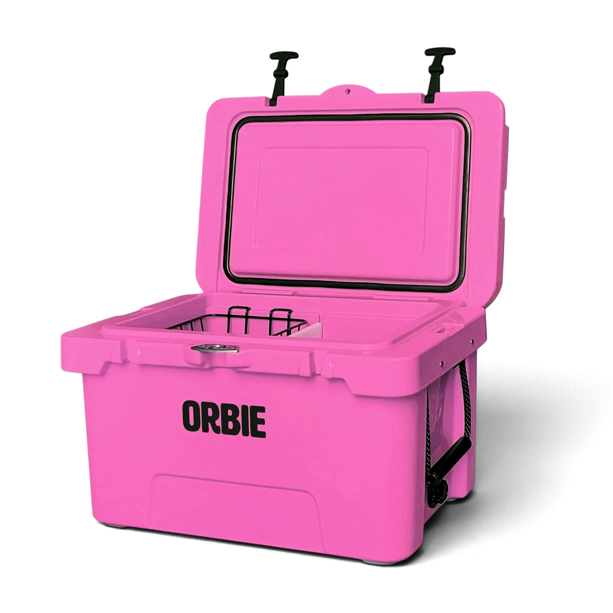 Orbie 35 cool box in pink open at an angle, showing the lid gasket, wire basket and divider inside