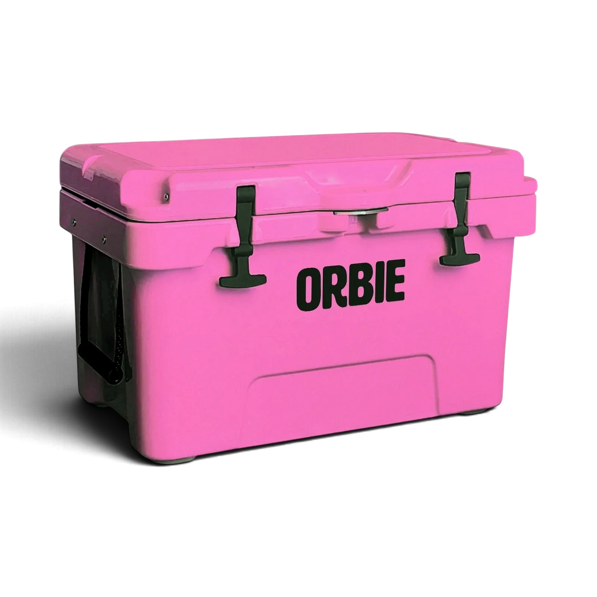 Orbie 35 cool box in pink closed, three-quarter view showing the end with its rope carry handle