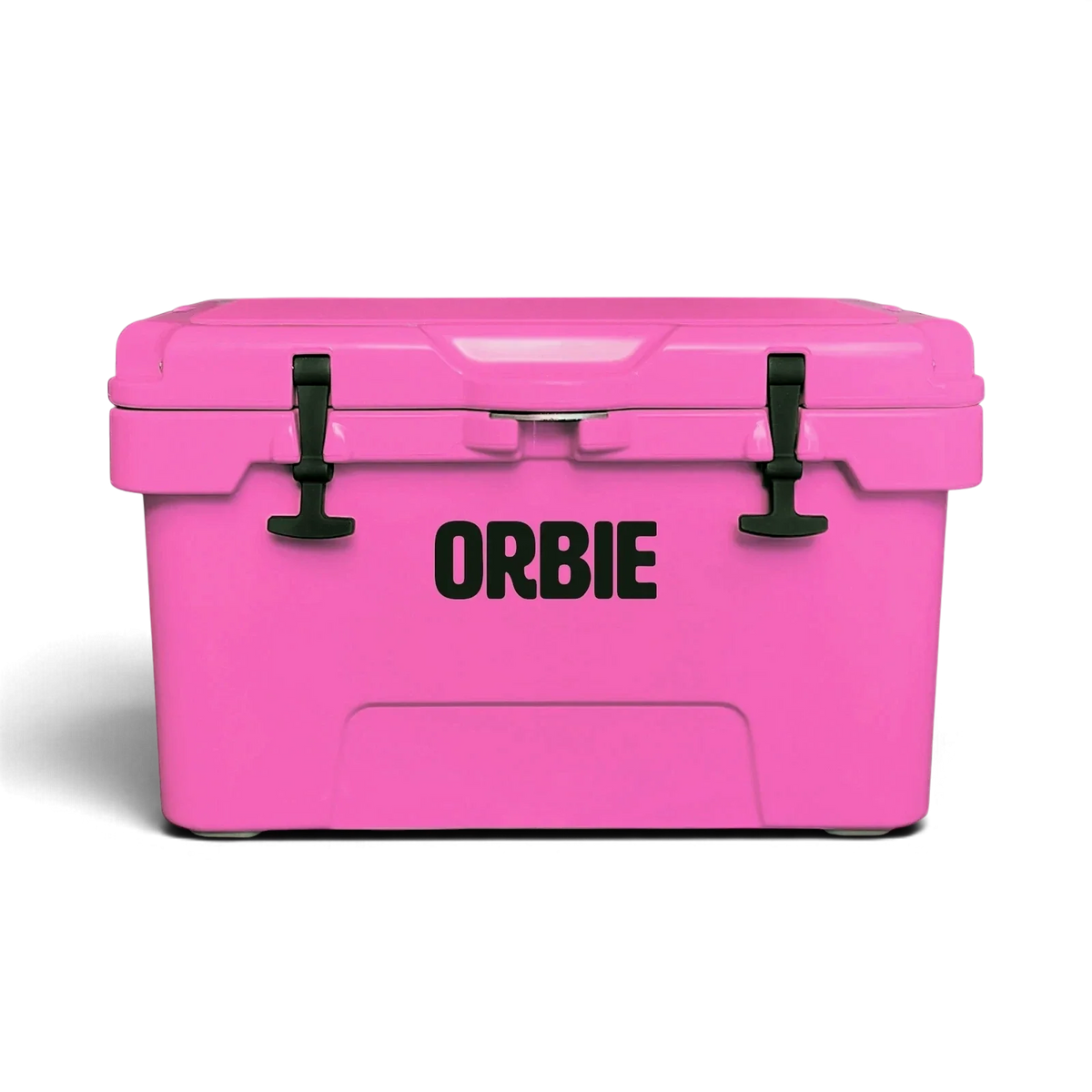 Orbie 35 rotomoulded cool box in pink, front view with both black rubber T-latches closed