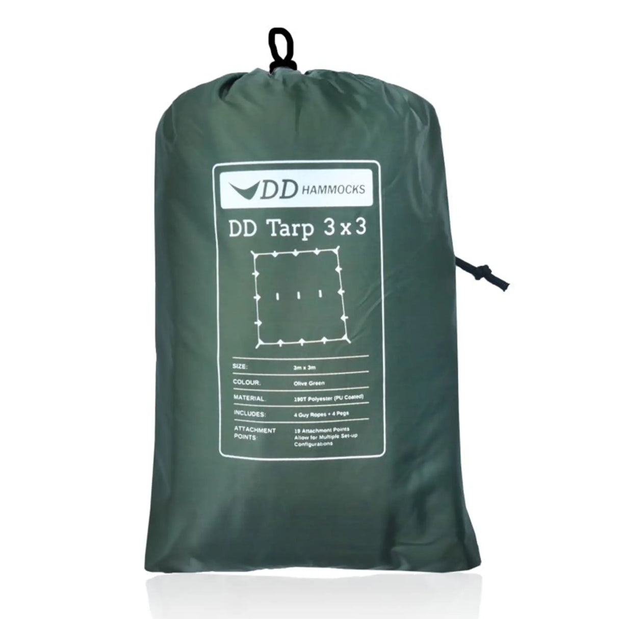DD Tarp 3x3m in olive green packed in its drawcord stuff sack with spec label, on a white background