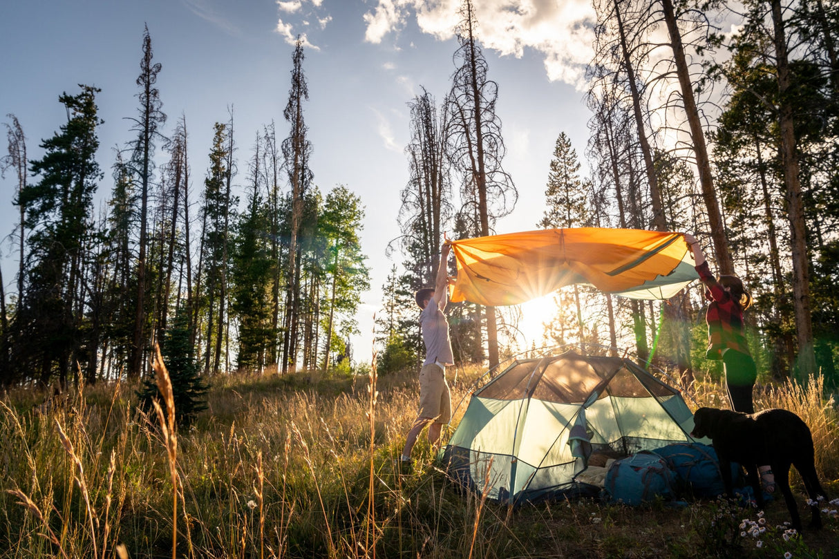 Kelty Wireless 4 Person Tent - lit from inside at dusk