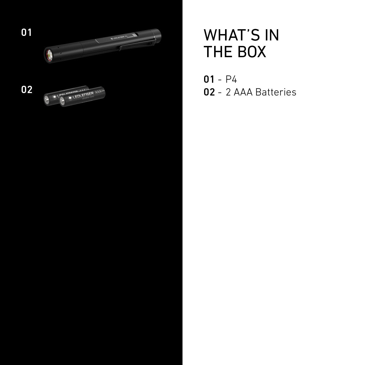 What is in the box with the Ledlenser P4: pen light and two AAA batteries
