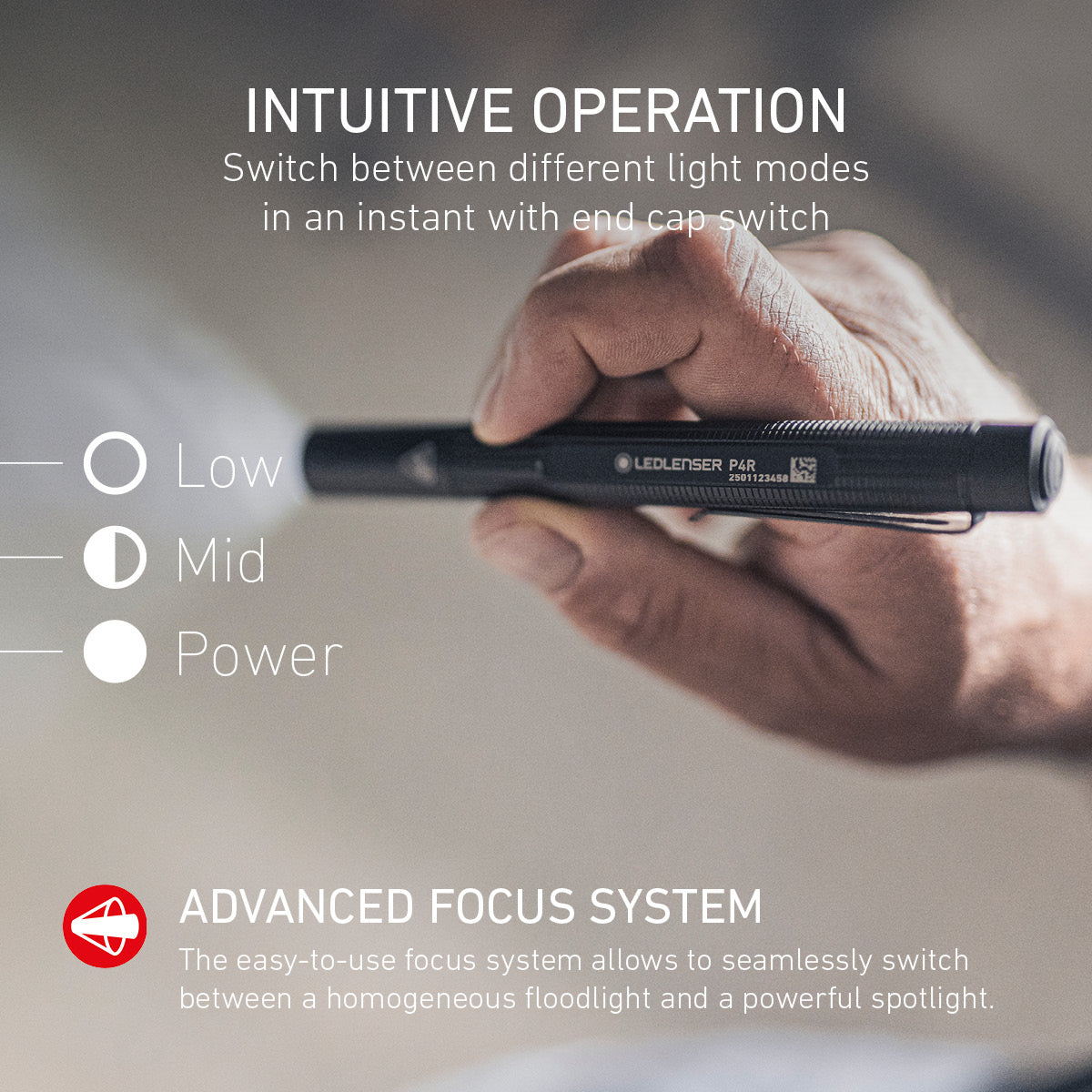 Hand holding a Ledlenser pen light, with its three light modes and focus system