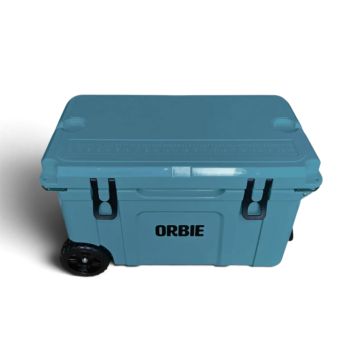 Orbie 55 cool box in Mountain Blue from the front and above, with the moulded lid ruler visible