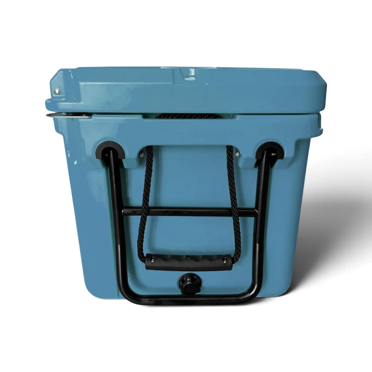 Handle end of the Mountain Blue Orbie 55 cool box, with the folding steel tow handle, rope loop and drain plug