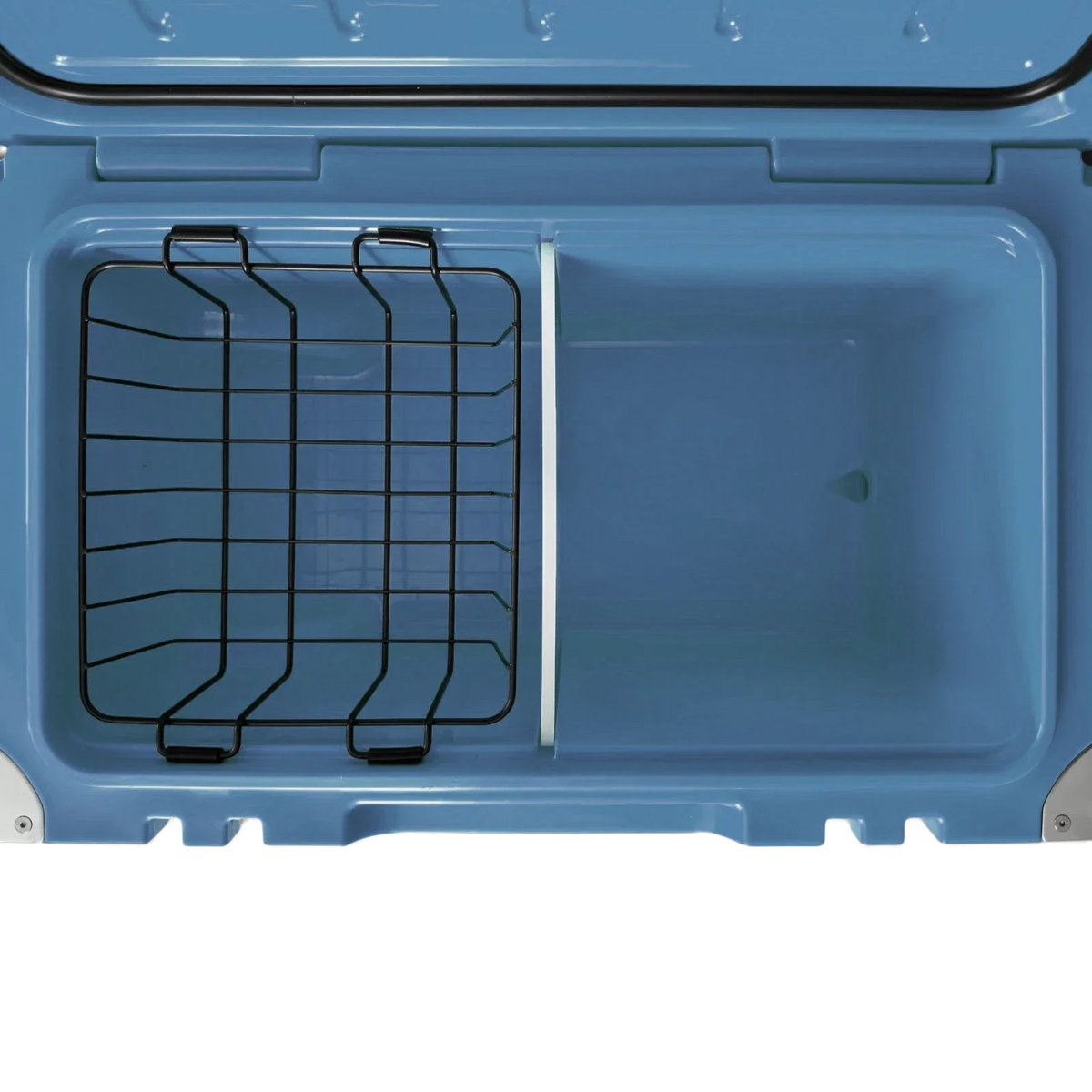Inside the Mountain Blue Orbie 55 cool box with the wire basket and white divider fitted