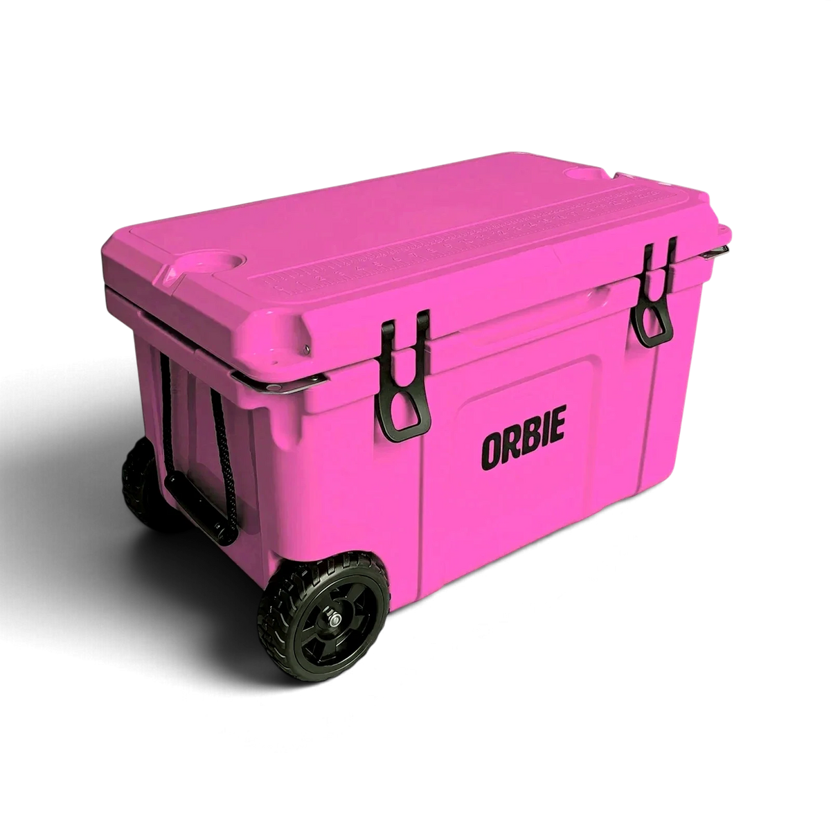 Orbie 55 wheeled cool box in pink closed at an angle, showing a lid cup holder and the treaded wheels