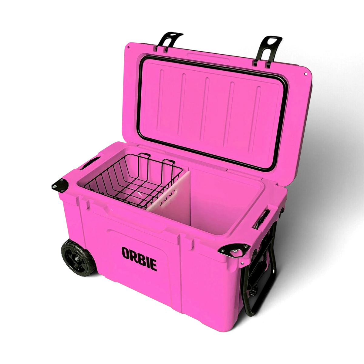 Orbie 55 cool box in pink open at an angle, showing the lid gasket, wire basket, divider and folded tow handle