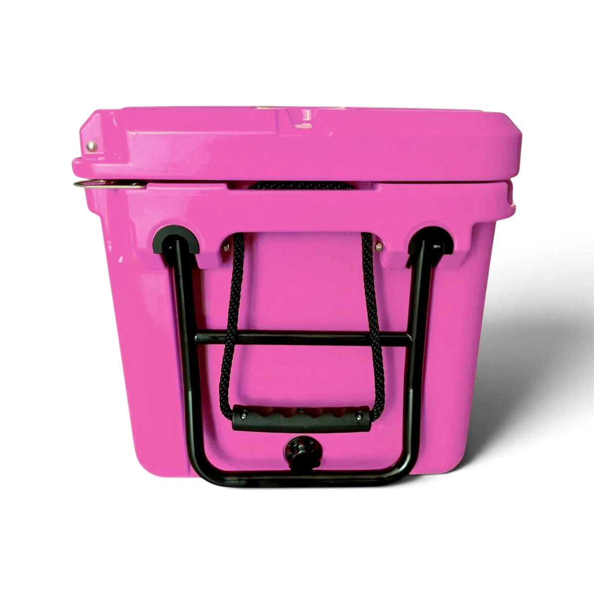 Handle end of the pink Orbie 55 cool box, with the folding steel tow handle, rope loop and drain plug