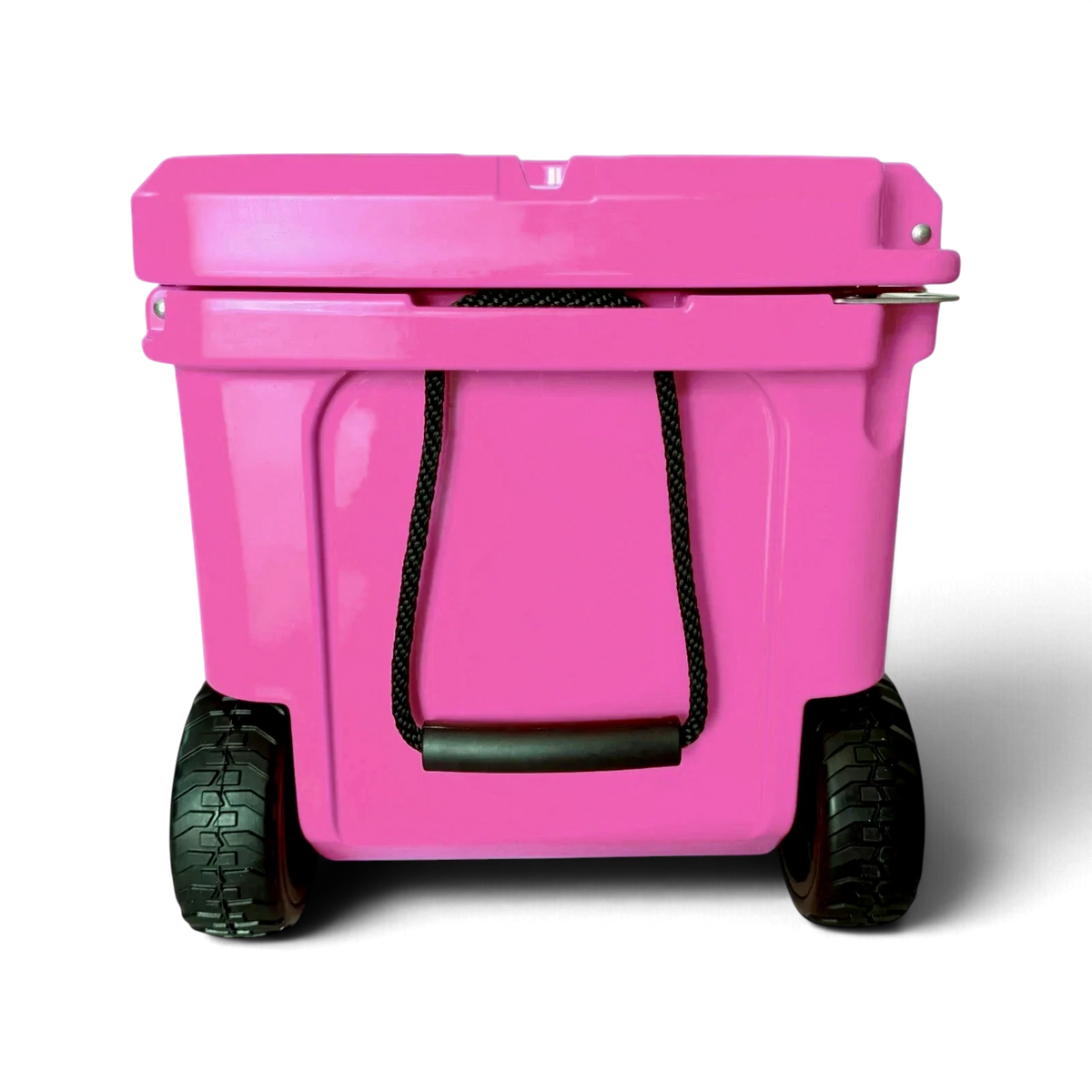 Wheel end of the pink Orbie 55 cool box, two treaded wheels below a rope carry handle