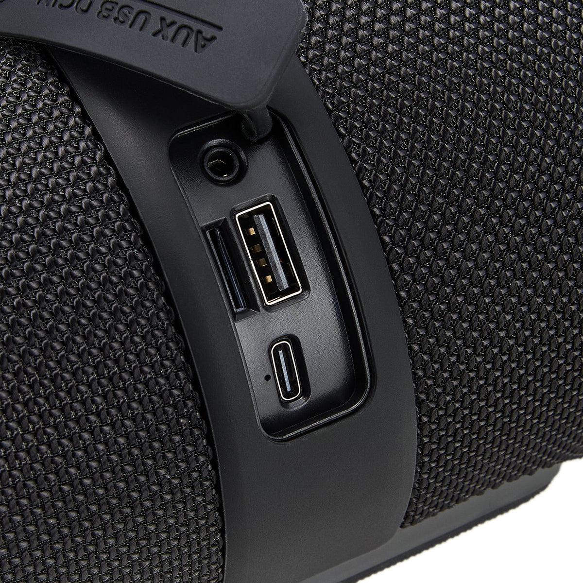 Close-up of the ports under the rubber flap on the Maplin party speaker