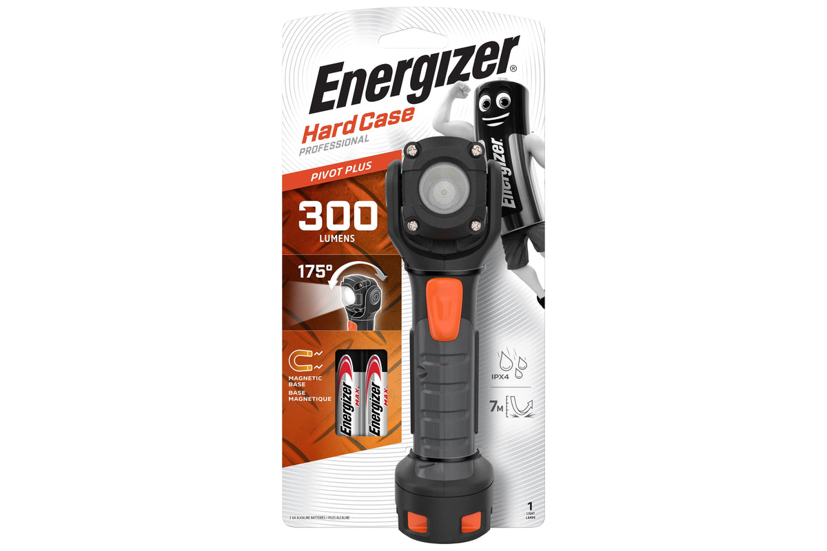 Energizer Hardcase Professional Pivot Plus torch in its retail pack with 2 AA batteries