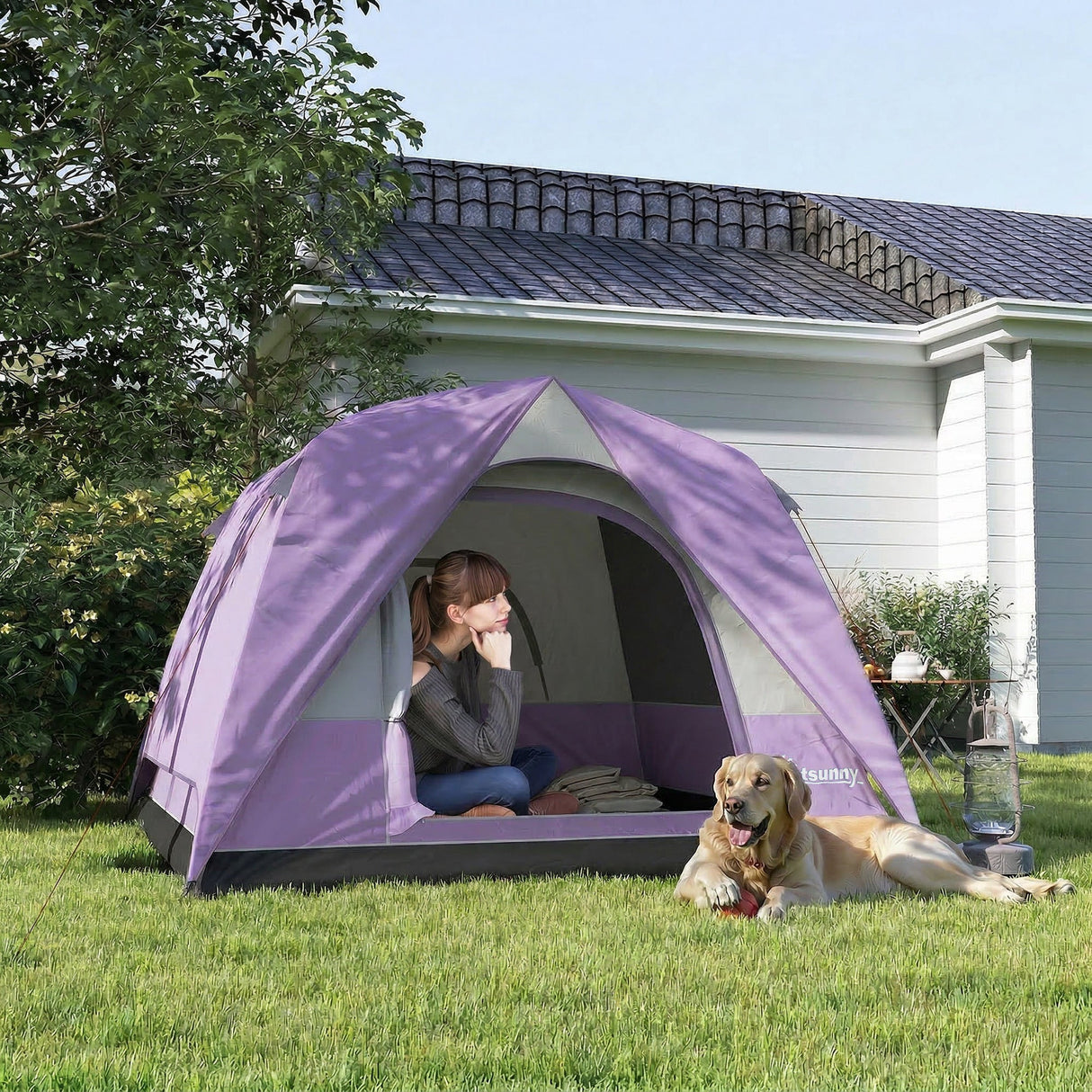 Outsunny 3-4 Person Camping Tent - Purple & Grey alternate front angle