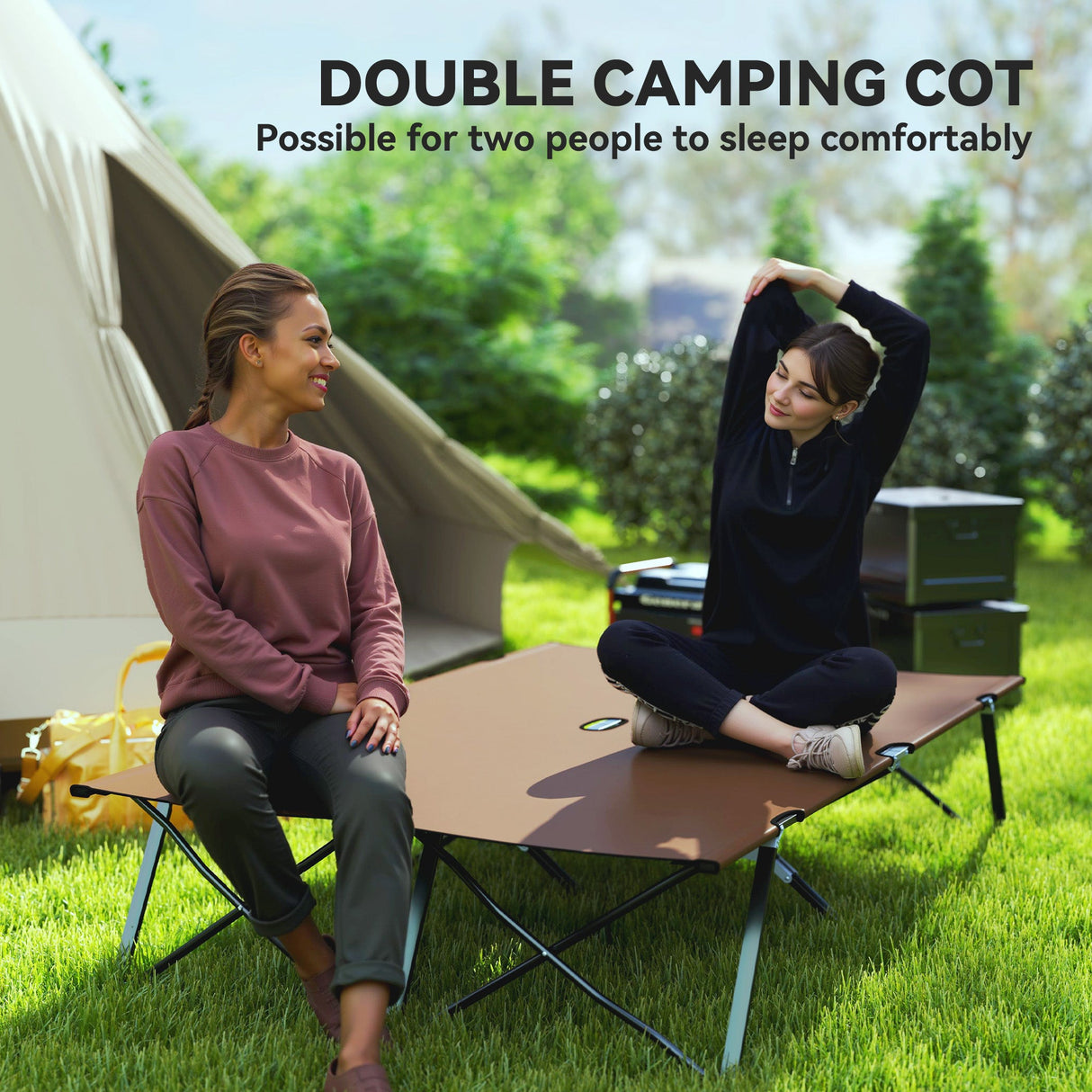 Outsunny Double Camping Cot Bed - Khaki packed in carry bag