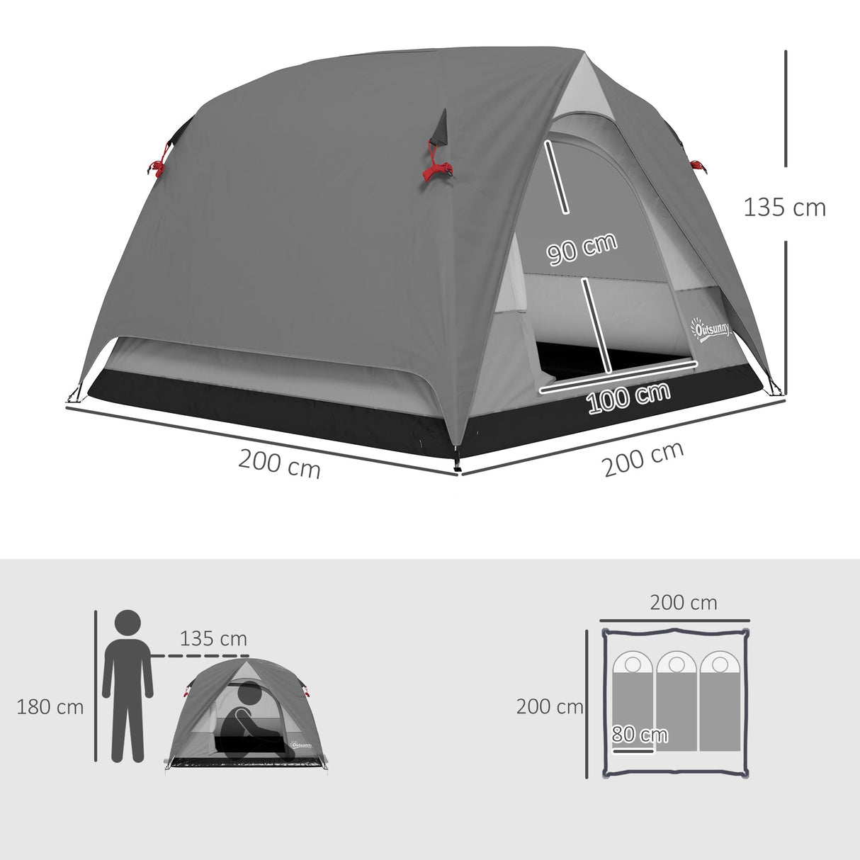 Outsunny 3-4 Person Camping Tent - Dark Grey side profile