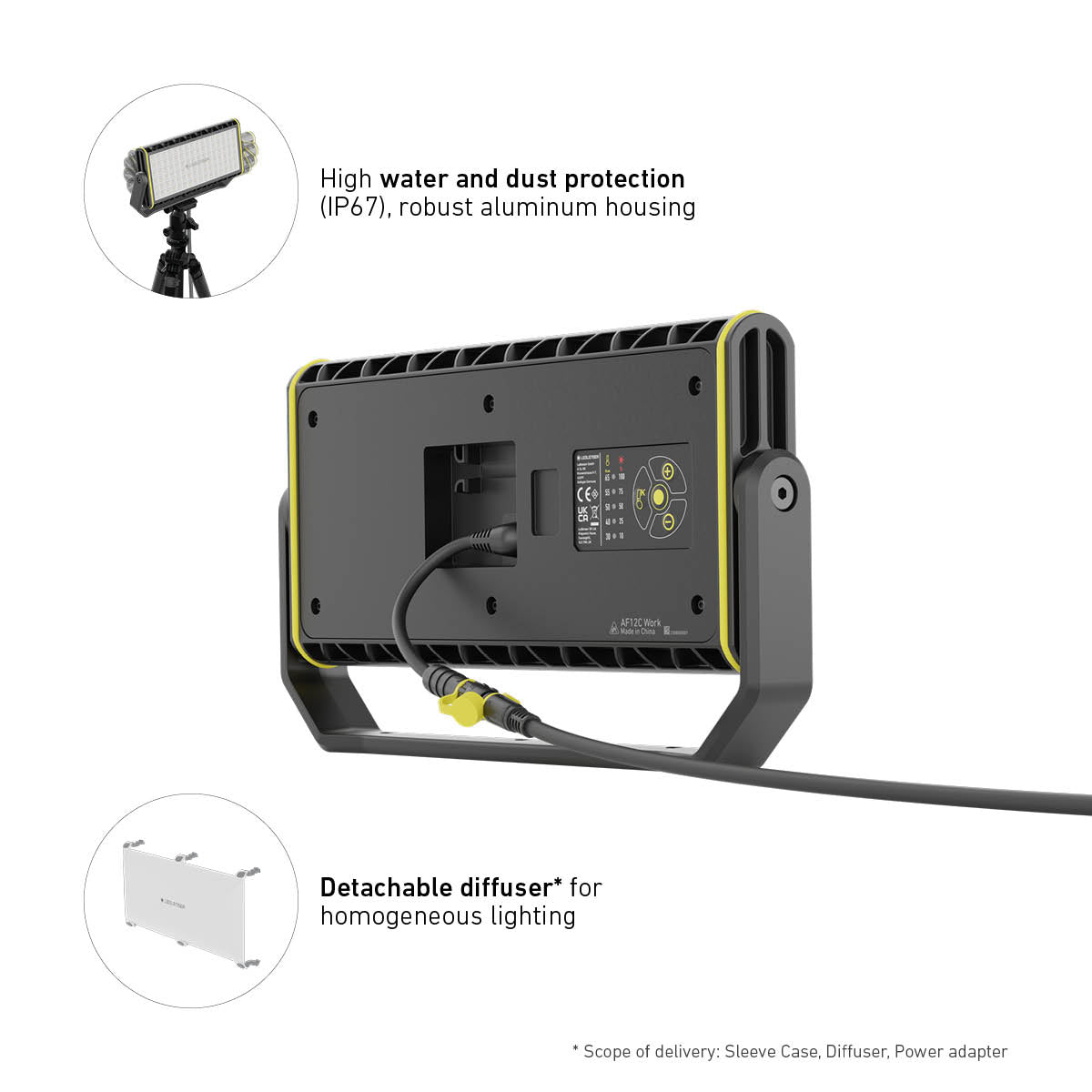 Rear of the Ledlenser AF12C Work with mains cable connected, IP67 rating, tripod mounting and detachable diffuser