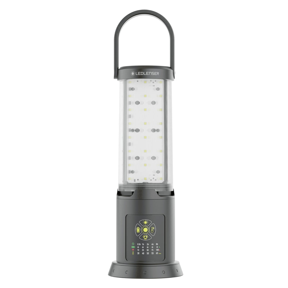 Ledlenser AL10R Work lantern standing upright with its carry handle raised and three LED panels in a clear tube