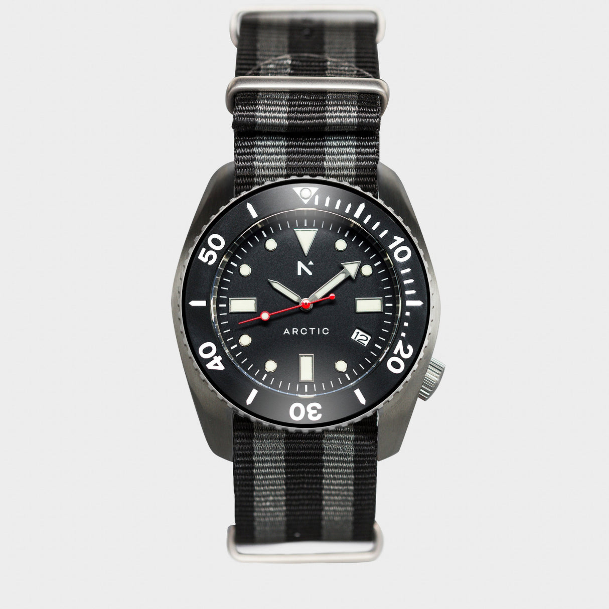 Rotate North Arctic 500m Dive Watch (43mm) in Classic NATO from the front on white background