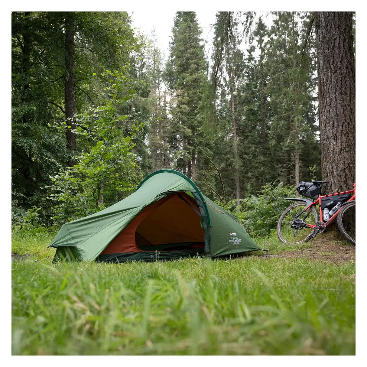 Vango Apex Compact 100 tent pitched at a woodland bikepacking camp