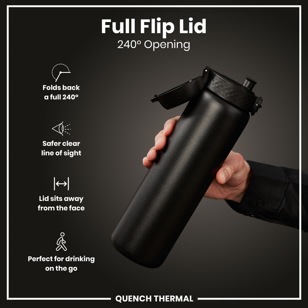 ION8 Leak Proof 1 Litre Thermal Water Bottle, Insulated Steel, Black, 1L