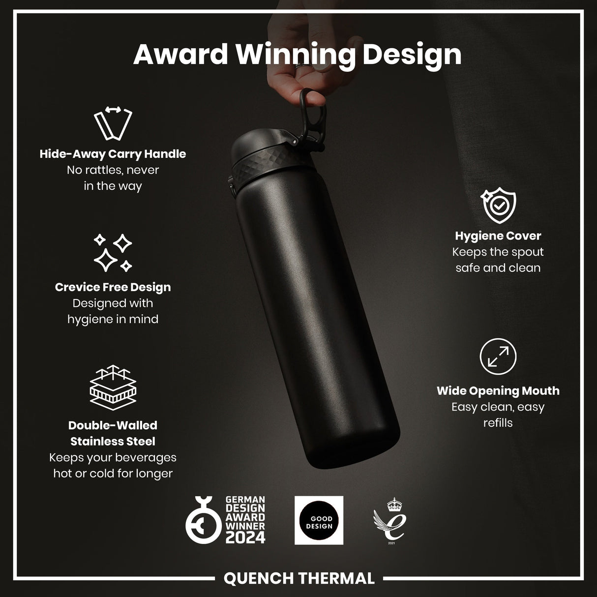 ION8 Leak Proof 1 Litre Thermal Water Bottle, Insulated Steel, Black, 1L