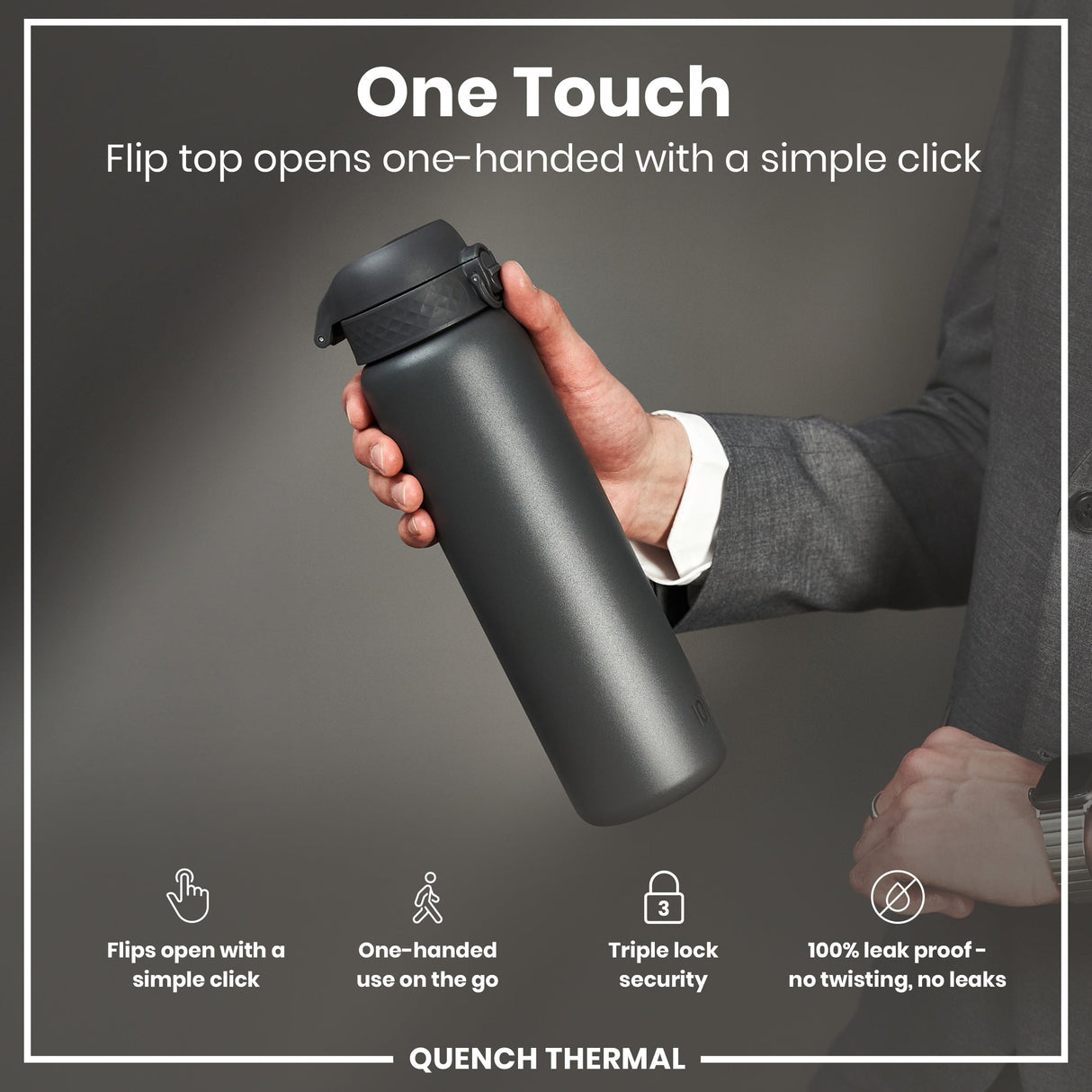 ION8 Leak Proof 1 Litre Thermal Water Bottle, Insulated Steel, Grey, 1L