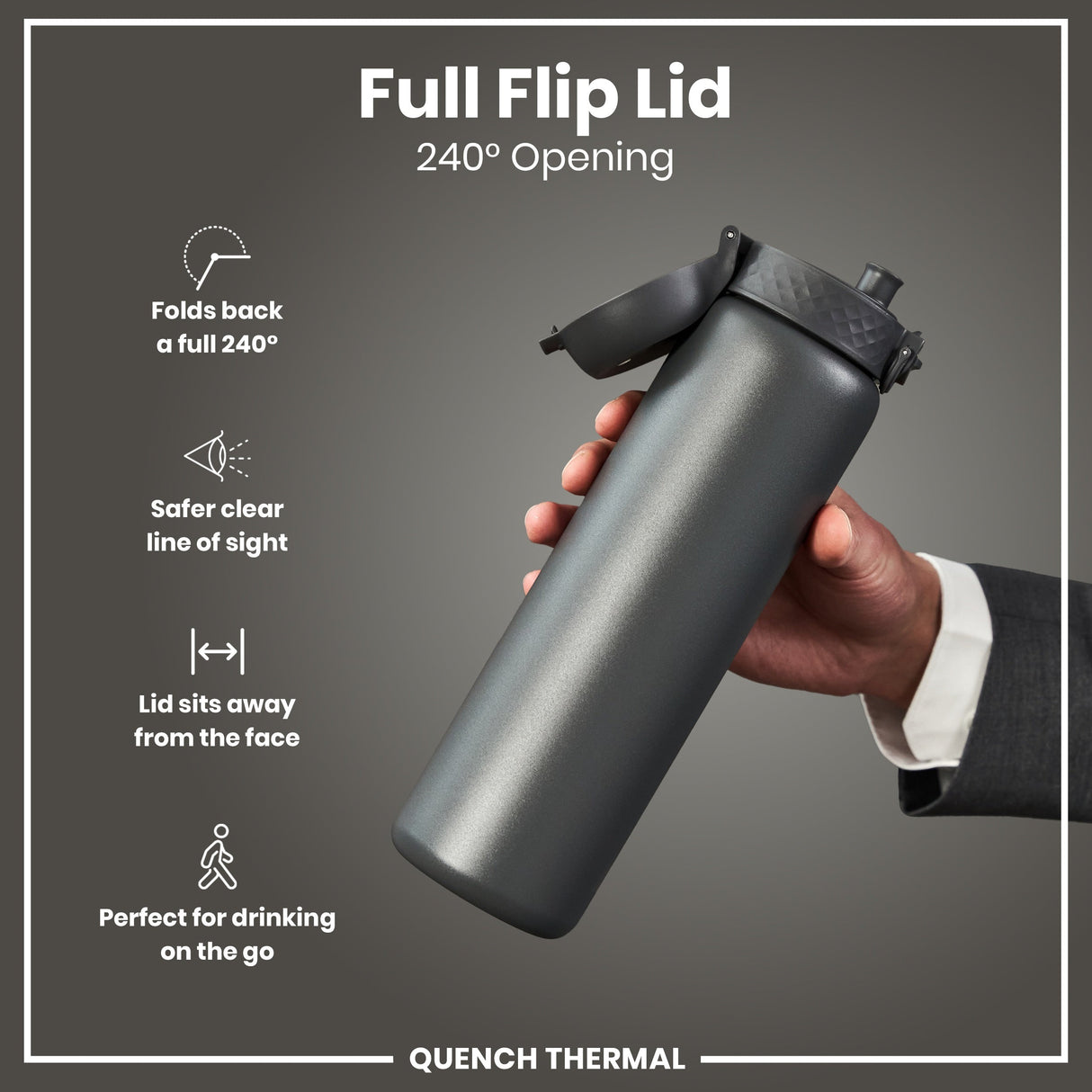 ION8 Leak Proof 1 Litre Thermal Water Bottle, Insulated Steel, Grey, 1L