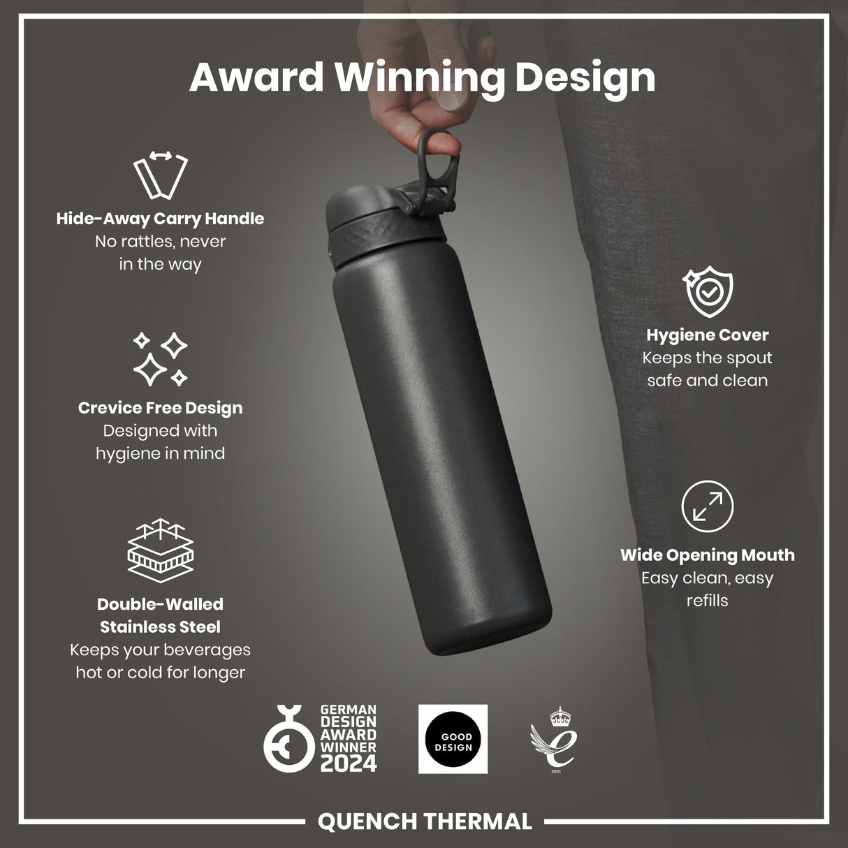 ION8 Leak Proof 1 Litre Thermal Water Bottle, Insulated Steel, Grey, 1L