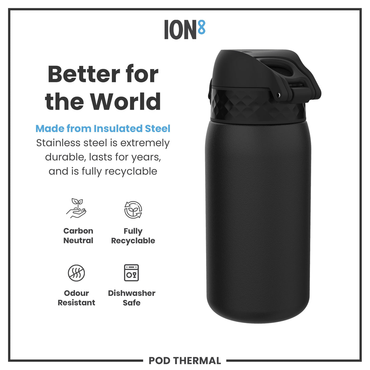 ION8 Leak Proof Thermal Water Bottle, Insulated Steel, Black, 320ml