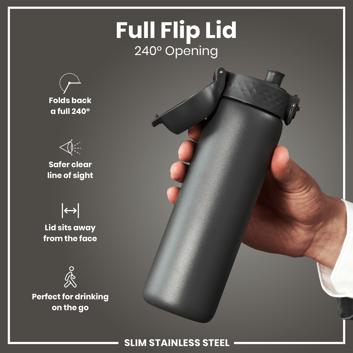 ION8 Steel Slim Leak Proof Water Bottle, Grey, 600ml