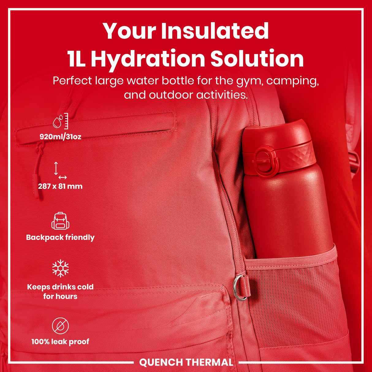 ION8 Leak Proof 1 Litre Thermal Water Bottle, Insulated Steel, Red, 1L