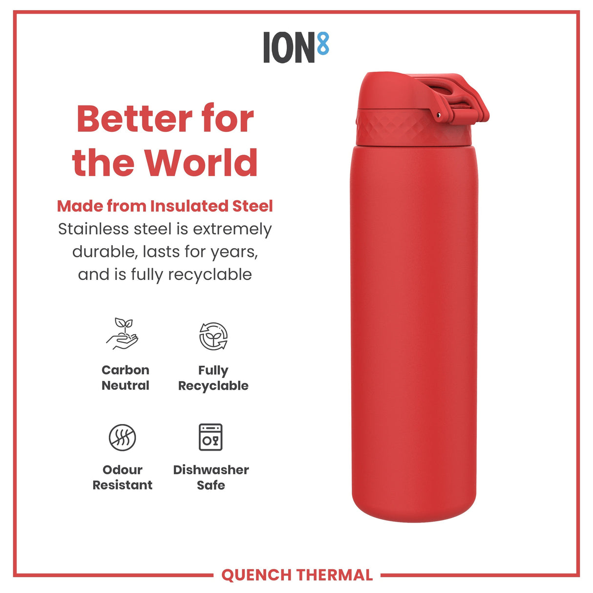 ION8 Leak Proof 1 Litre Thermal Water Bottle, Insulated Steel, Red, 1L