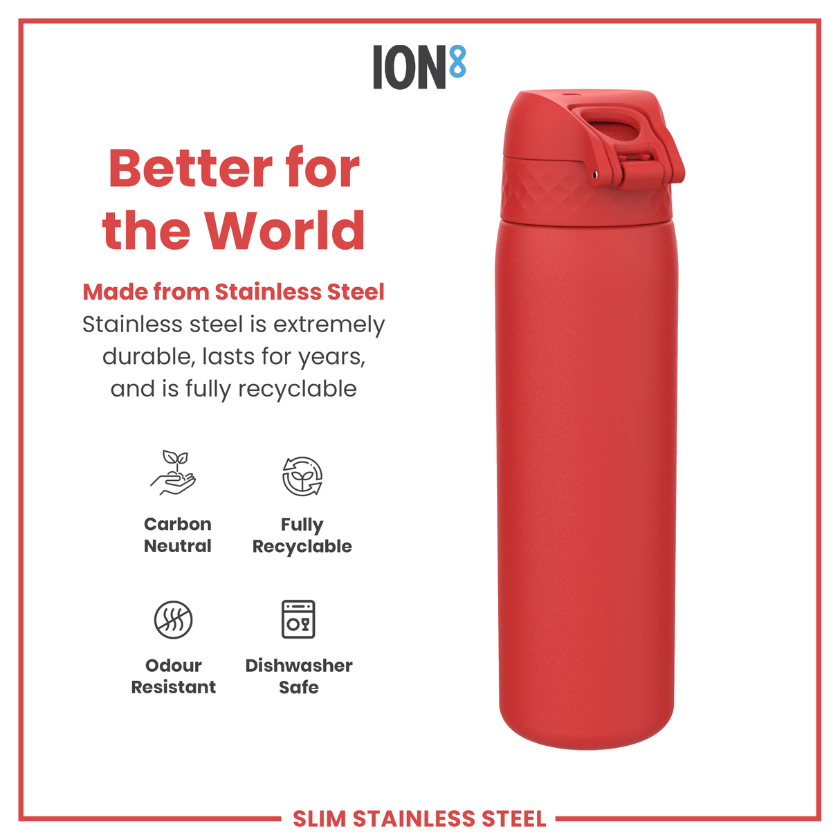 ION8 Steel Slim Leak Proof Water Bottle, Red, 600ml