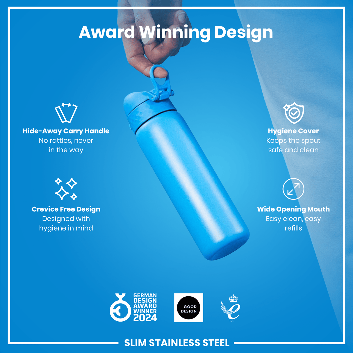 ION8 Steel Slim Leak Proof Water Bottle, Blue, 600ml