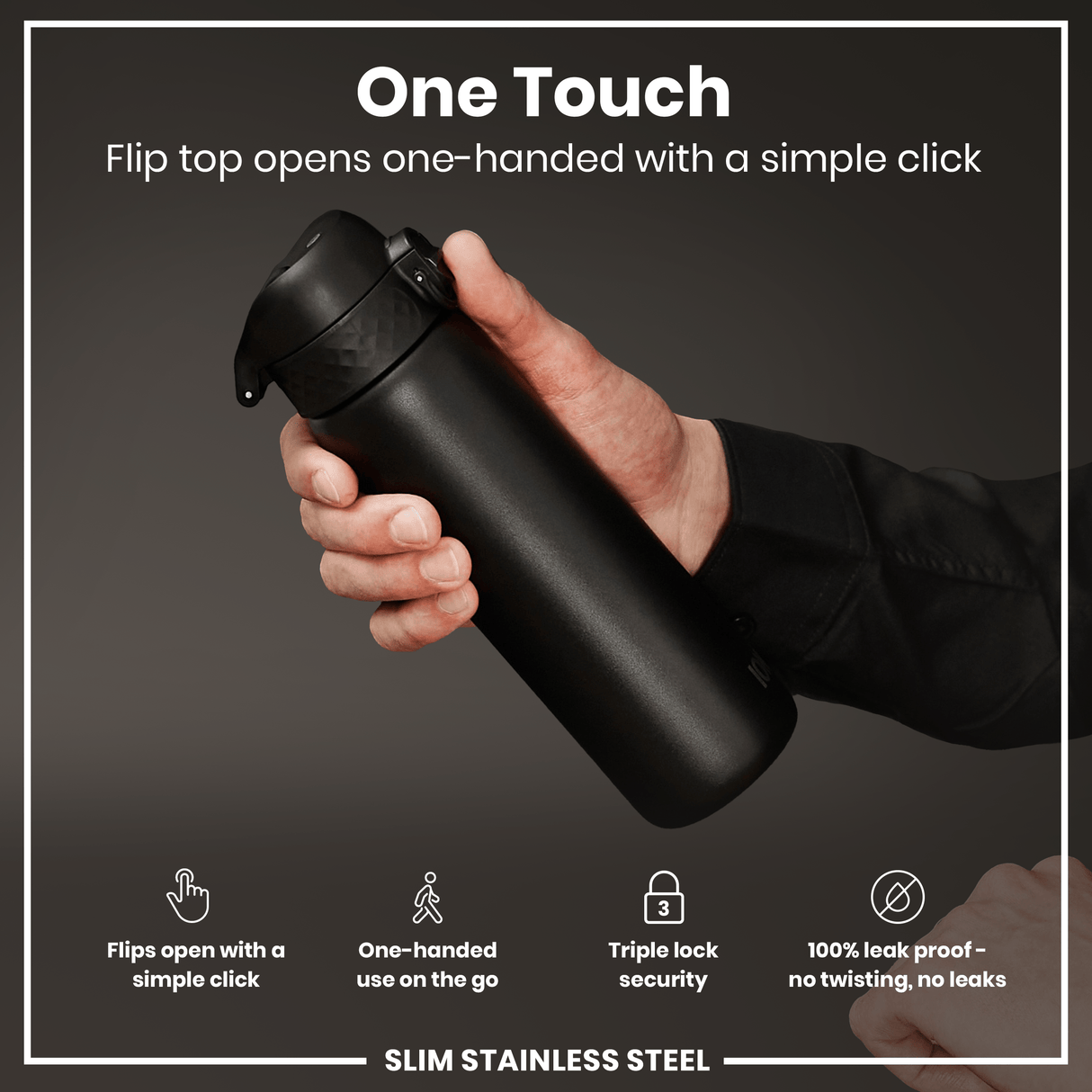 ION8 Leak Proof Slim Water Bottle, Stainless Steel, Black, 600ml