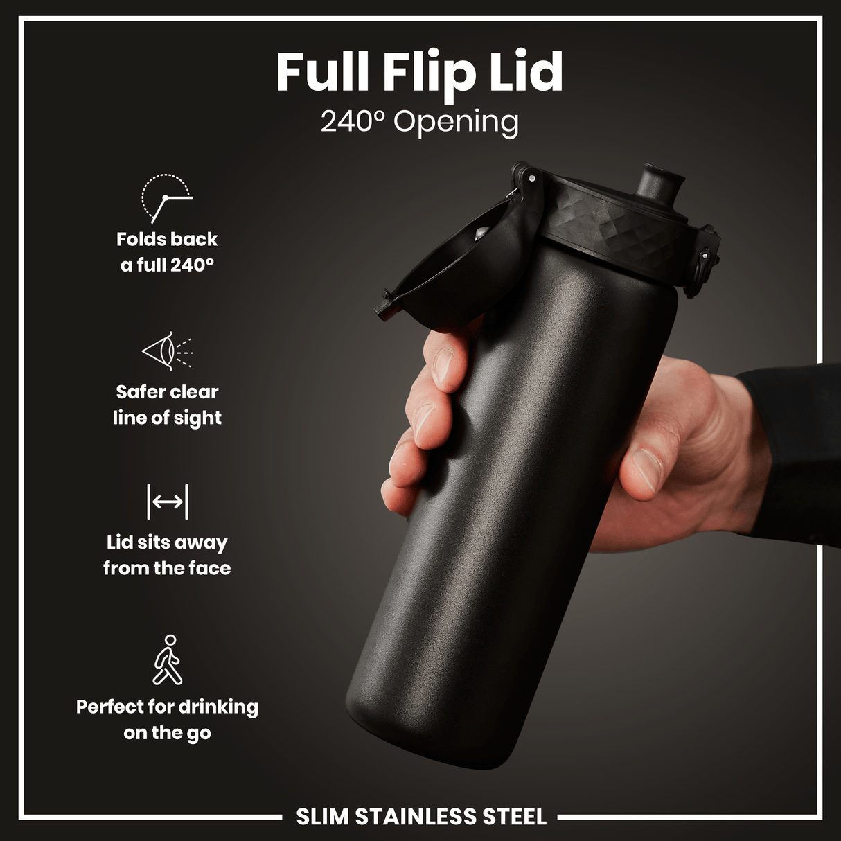 ION8 Leak Proof Slim Water Bottle, Stainless Steel, Black, 600ml