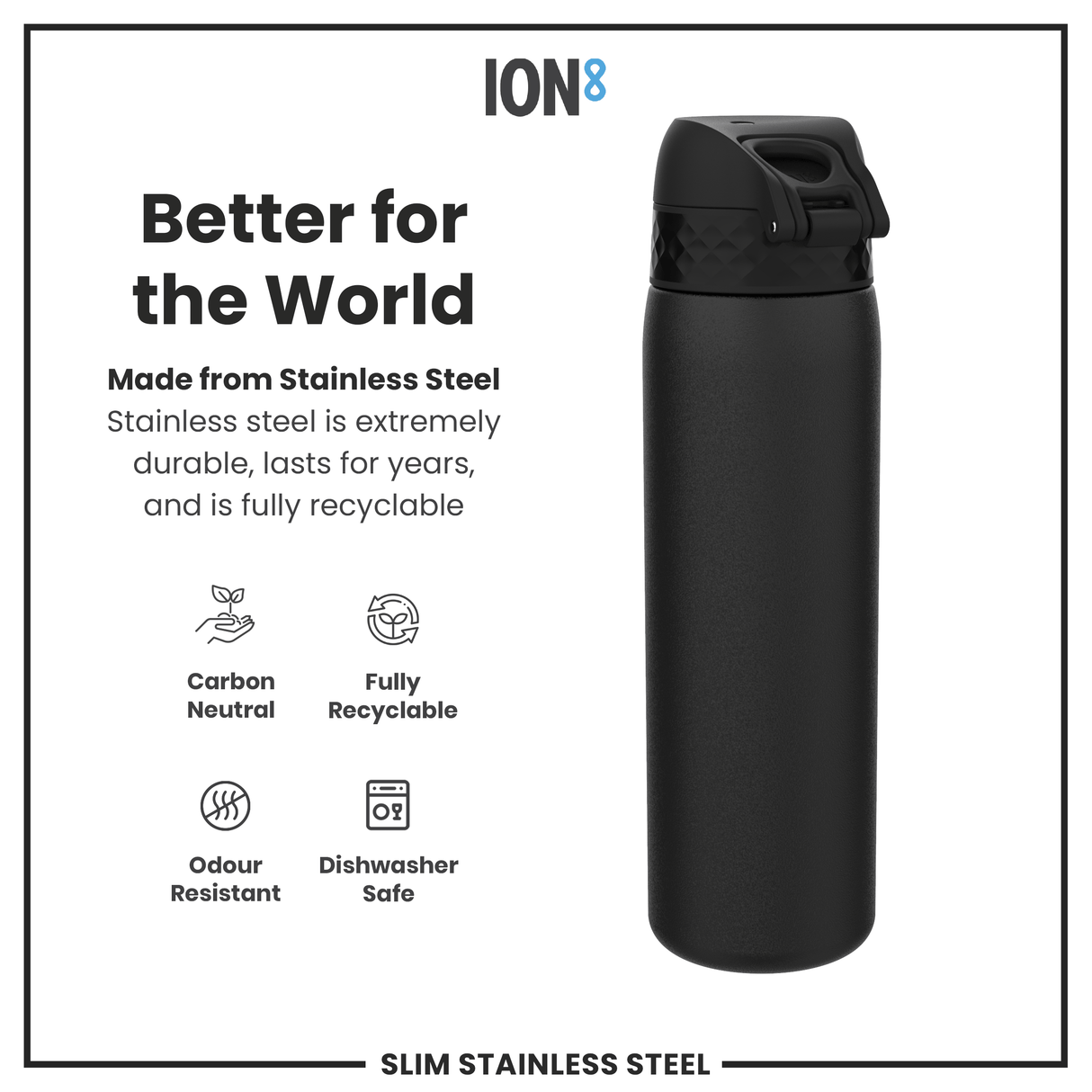 ION8 Leak Proof Slim Water Bottle, Stainless Steel, Black, 600ml