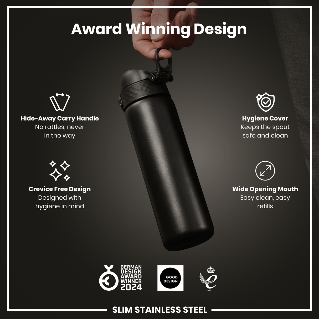 ION8 Leak Proof Slim Water Bottle, Stainless Steel, Black, 600ml