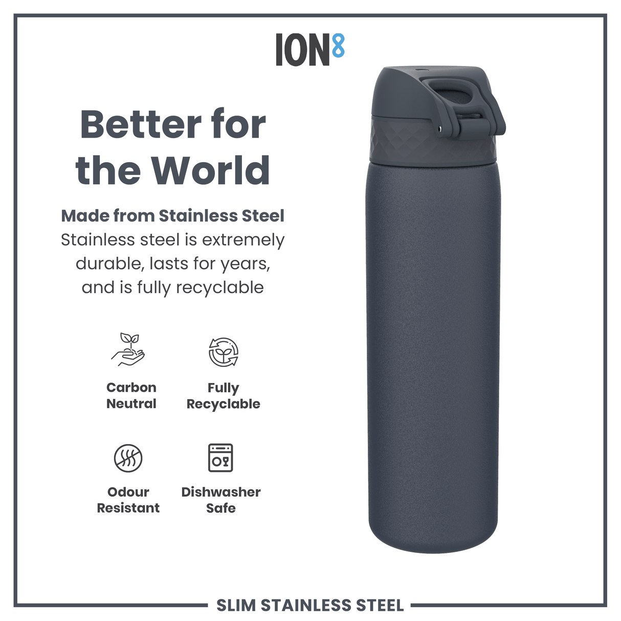 ION8 Steel Slim Leak Proof Water Bottle, Ash Navy, 600ml