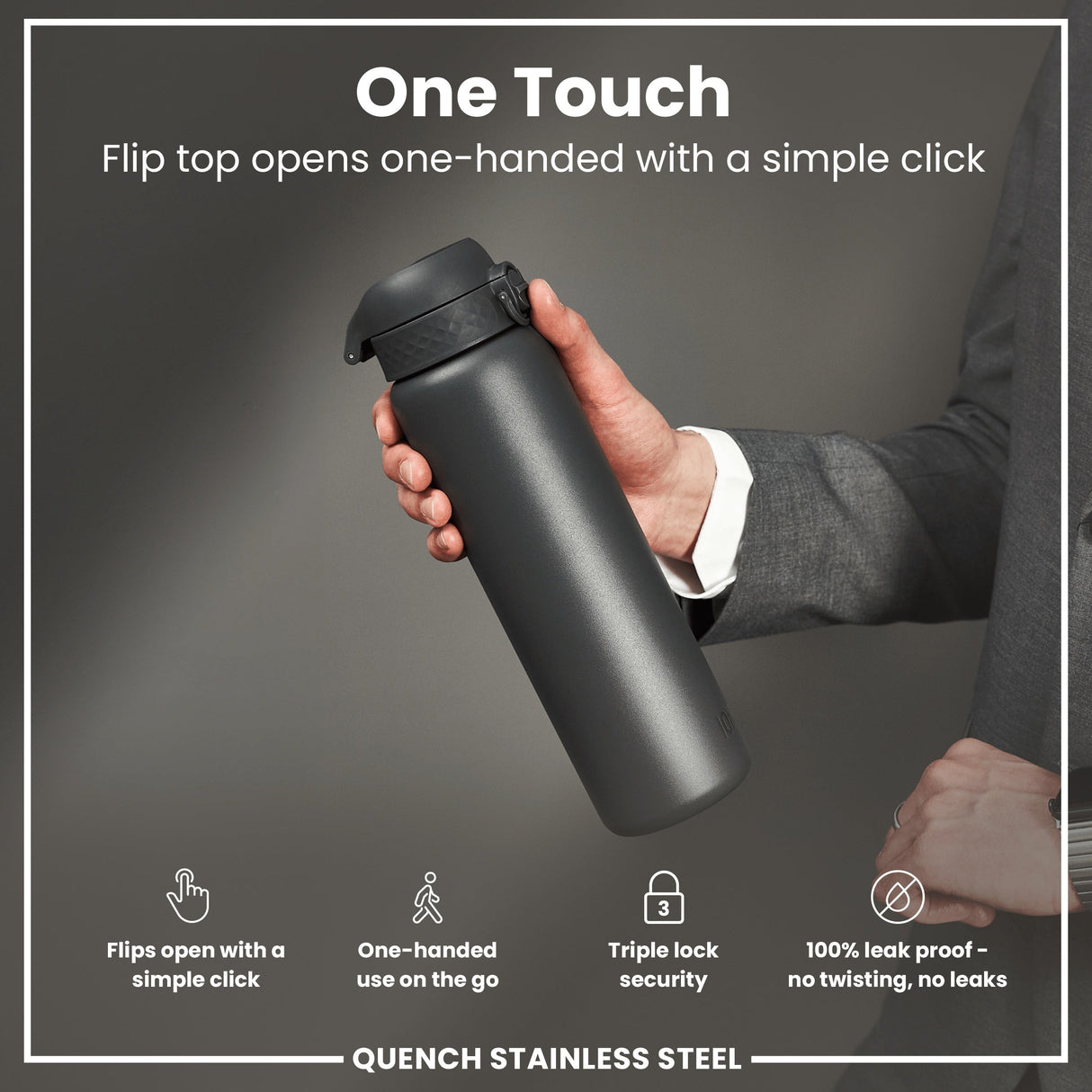 ION8 Leak Proof 1 Litre Water Bottle, Stainless Steel, Grey, 1L