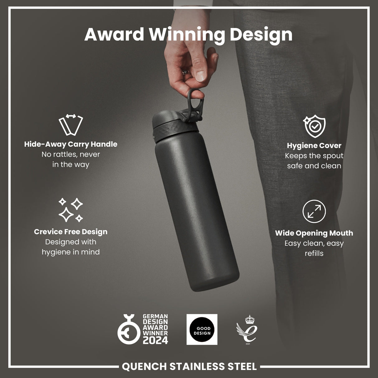 ION8 Leak Proof 1 Litre Water Bottle, Stainless Steel, Grey, 1L