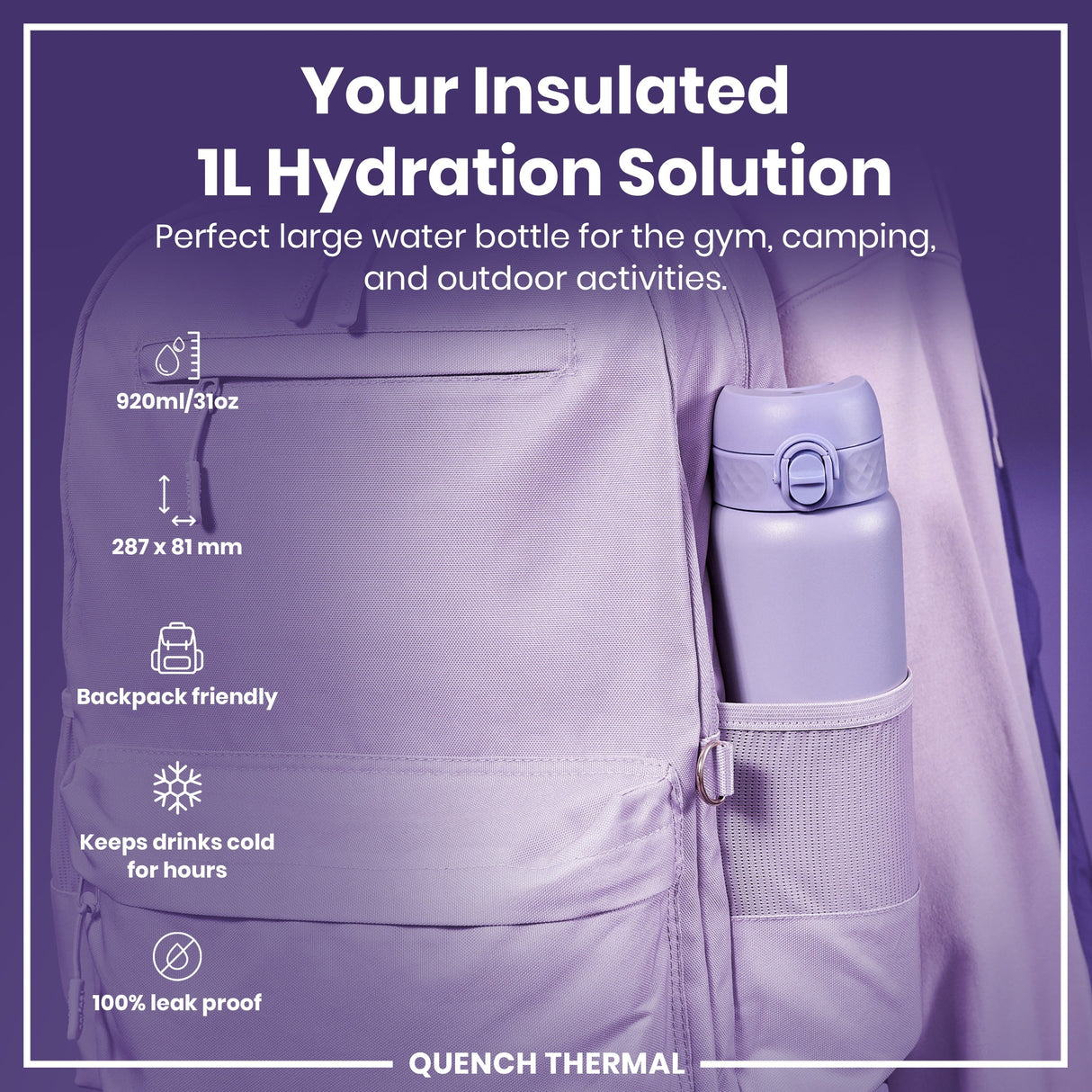 ION8 Leak Proof 1 Litre Thermal Water Bottle, Insulated Steel, Light Purple, 1L