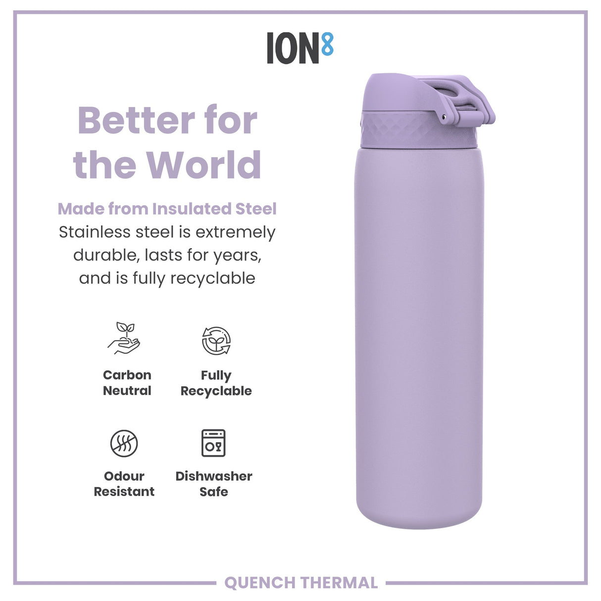 ION8 Leak Proof 1 Litre Thermal Water Bottle, Insulated Steel, Light Purple, 1L
