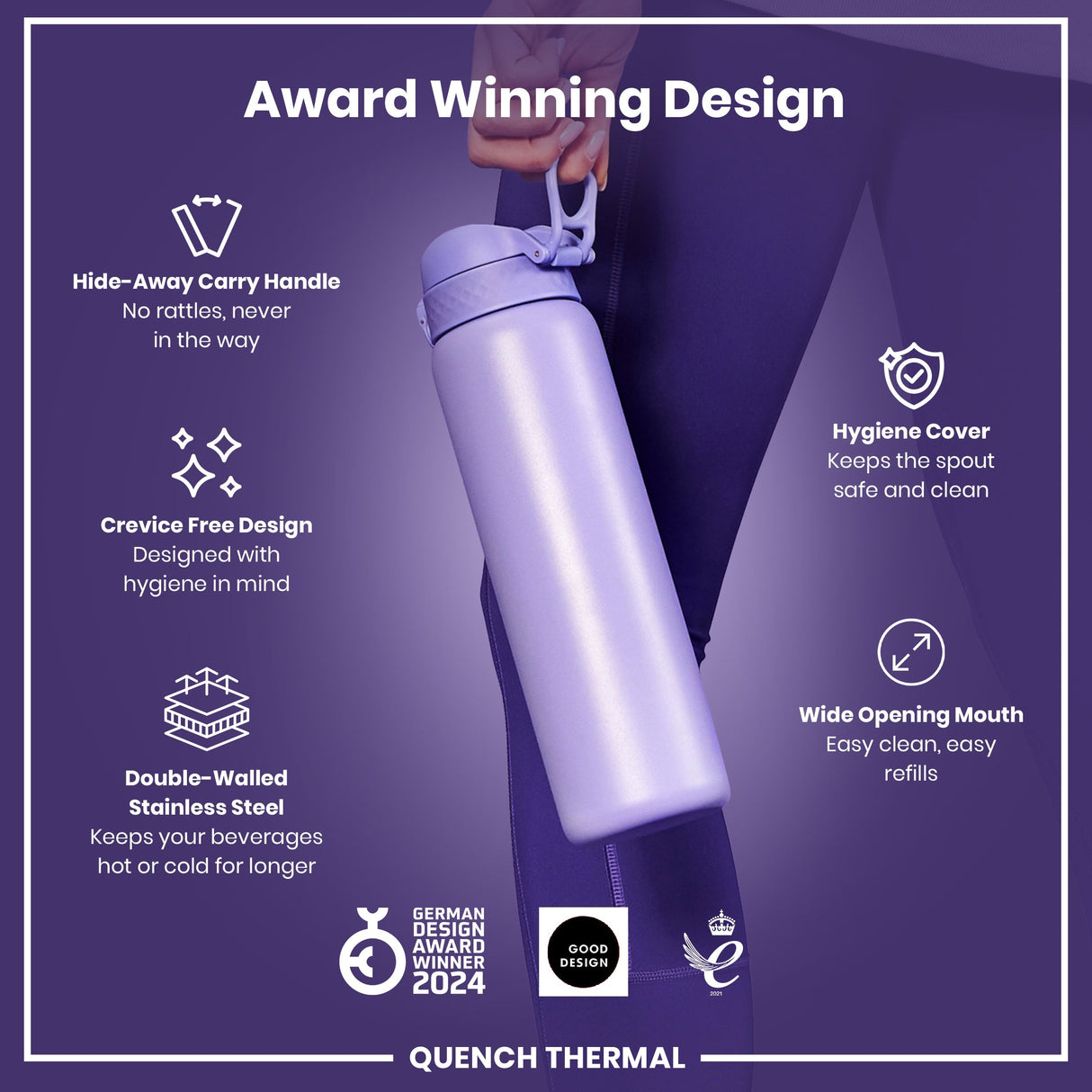 ION8 Leak Proof 1 Litre Thermal Water Bottle, Insulated Steel, Light Purple, 1L