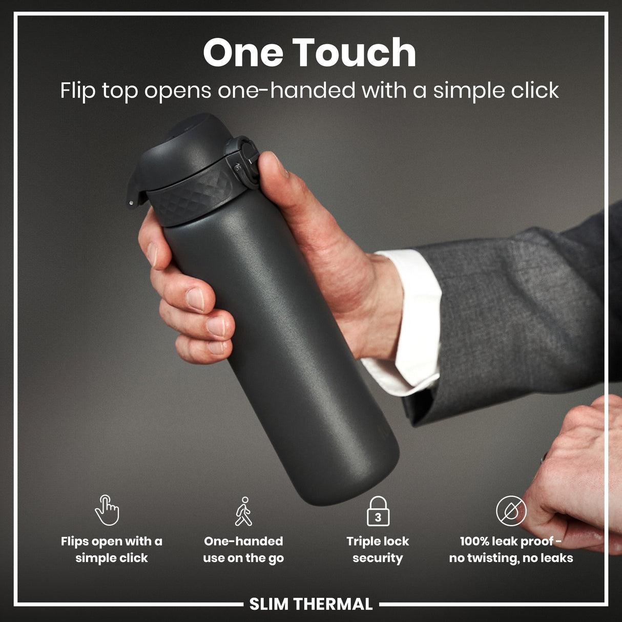 ION8 Leak Proof Slim Thermal Water Bottle, Insulated Steel, Grey, 500ml
