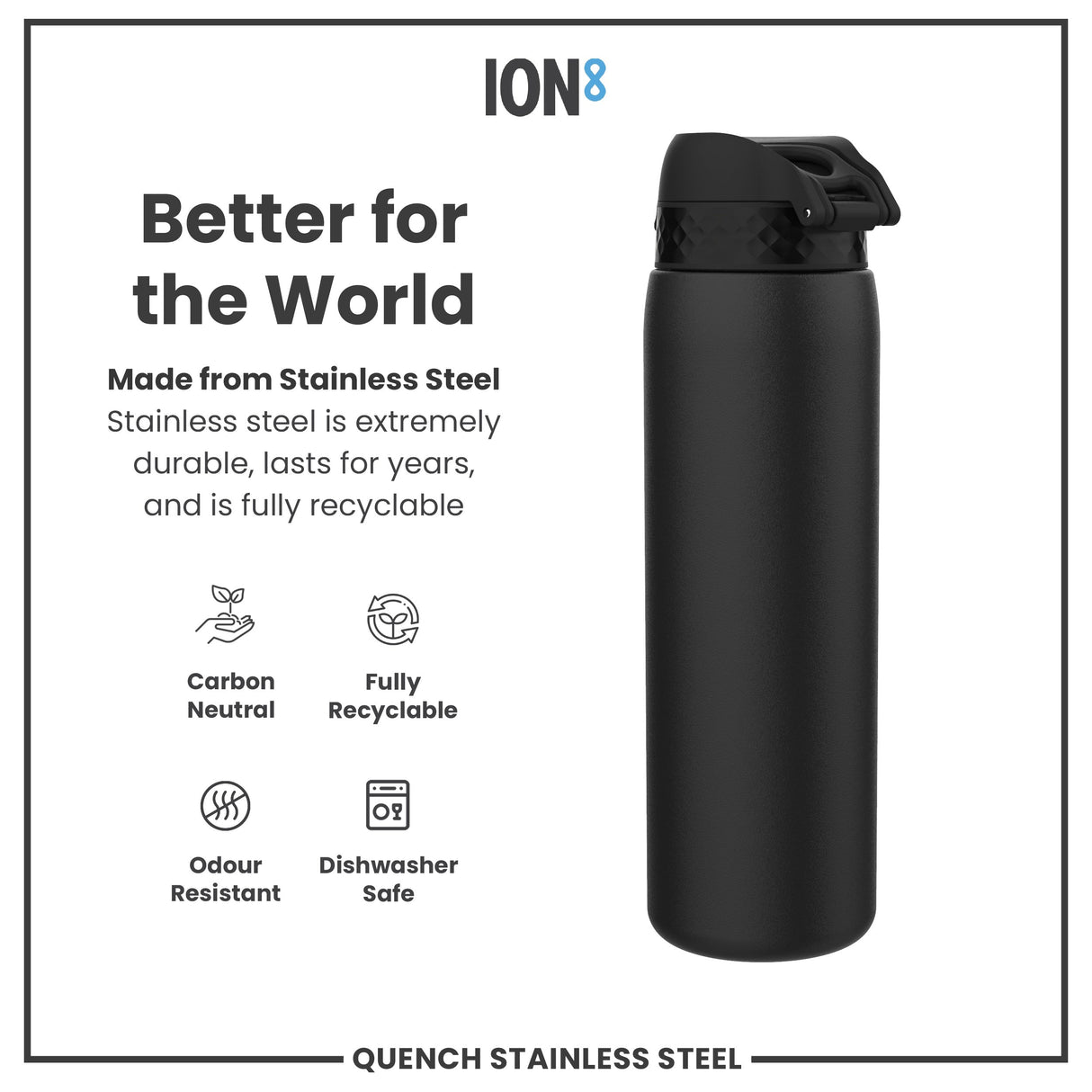 ION8 Leak Proof 1 Litre Water Bottle, Stainless Steel, Black, 1L