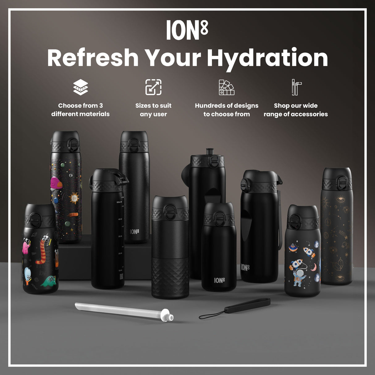 ION8 Leak Proof 1 Litre Water Bottle, Stainless Steel, Black, 1L